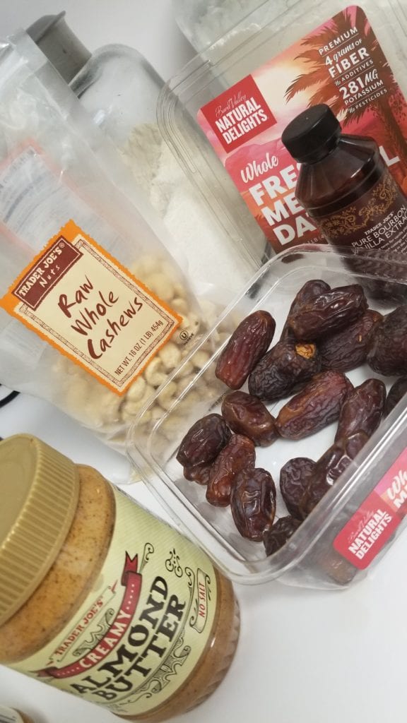 Ingredients for the almond butter energy bites:  almond butter, Medjool dates, cashews, vanilla