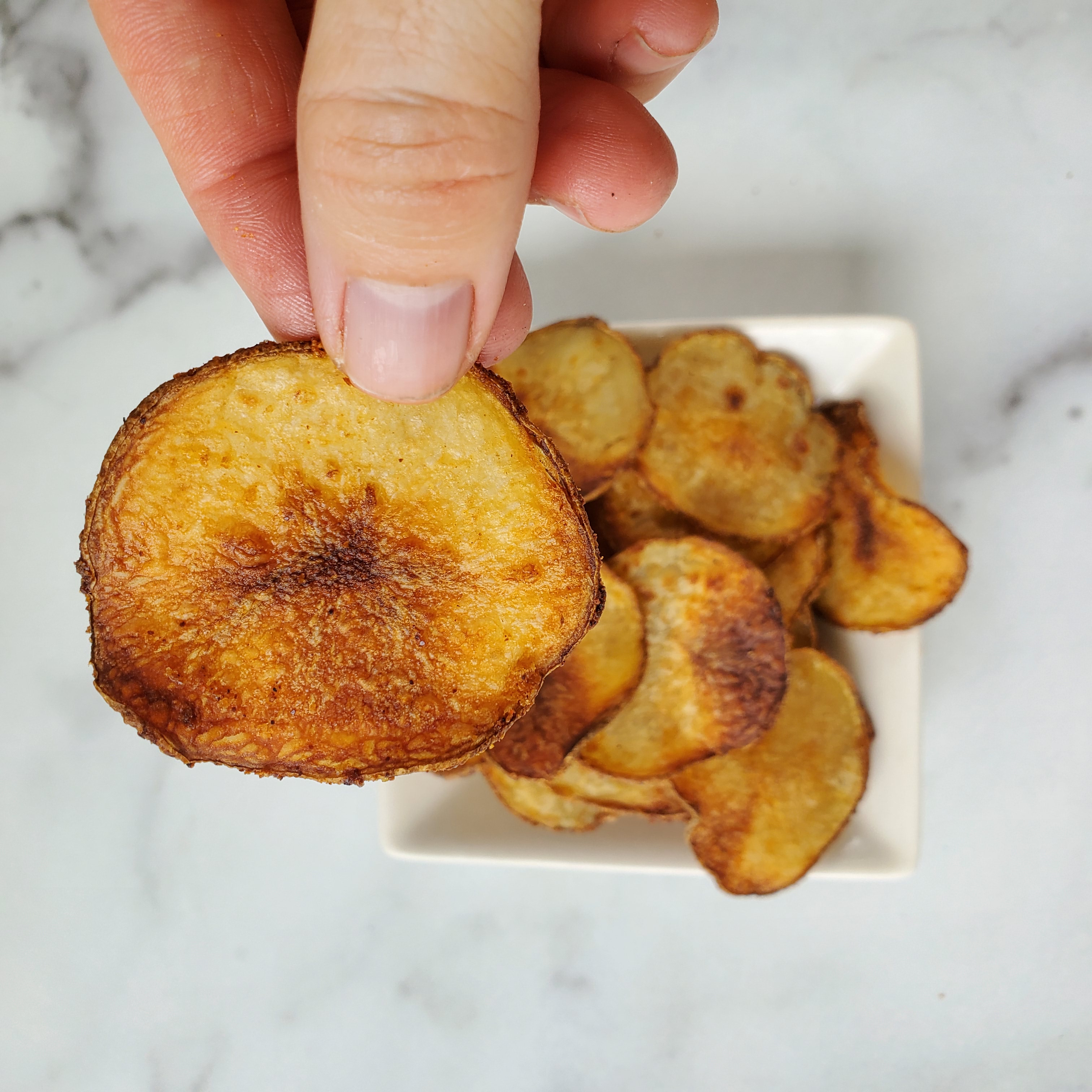 hand holding one bbq chip up close