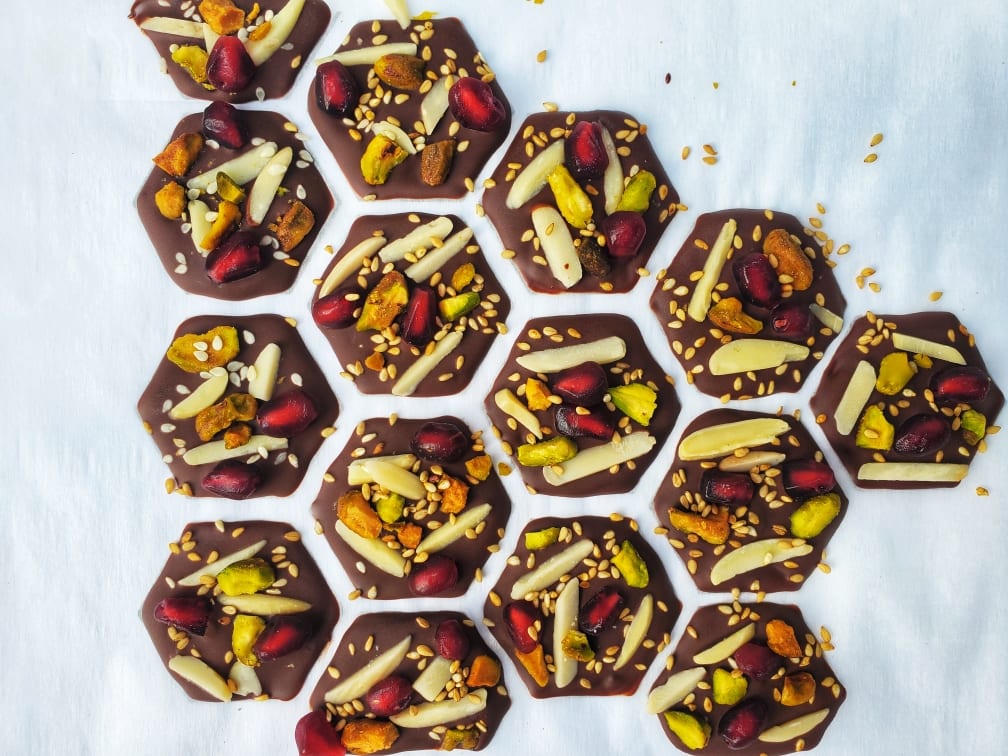 chocolate mendiants (discs) in hexagon shapes