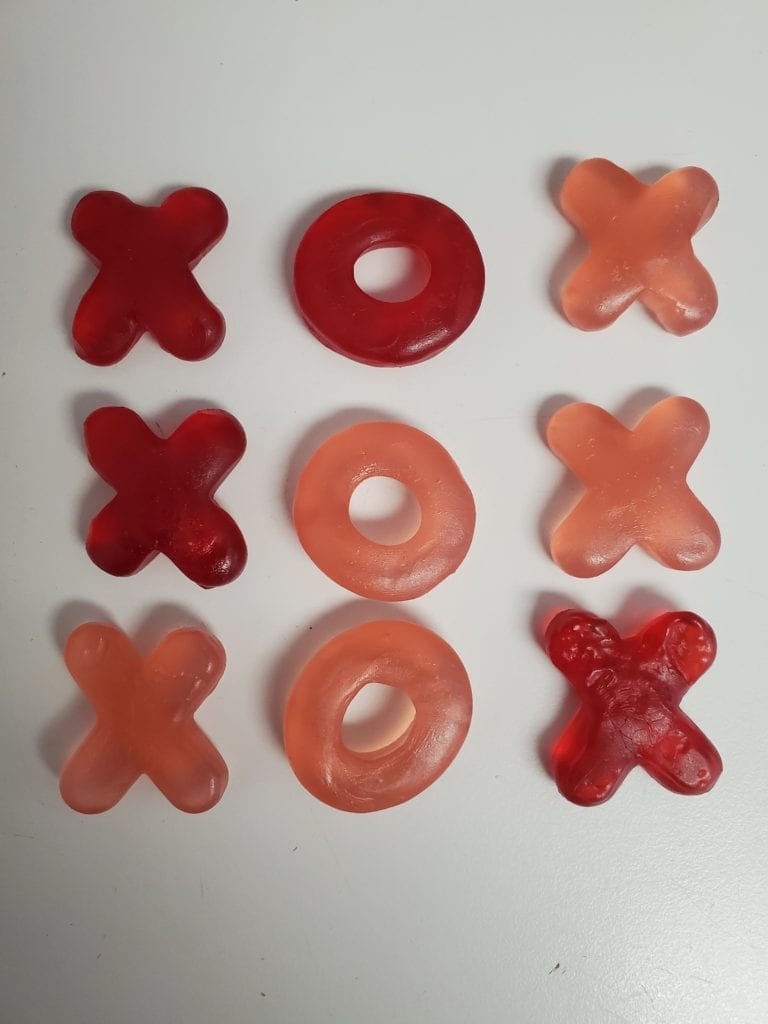 xo candies in a tic-tac-toe pattern