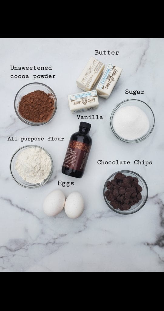 ingredients for brownies - flour, vanilla, chocolate chips, eggs, cocoa powder, sugar, butter