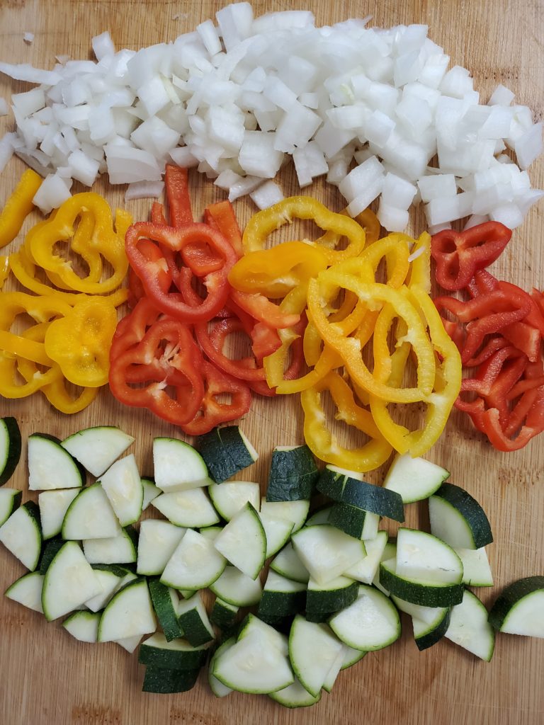 veggies cut up - zucchini, peppers, onion