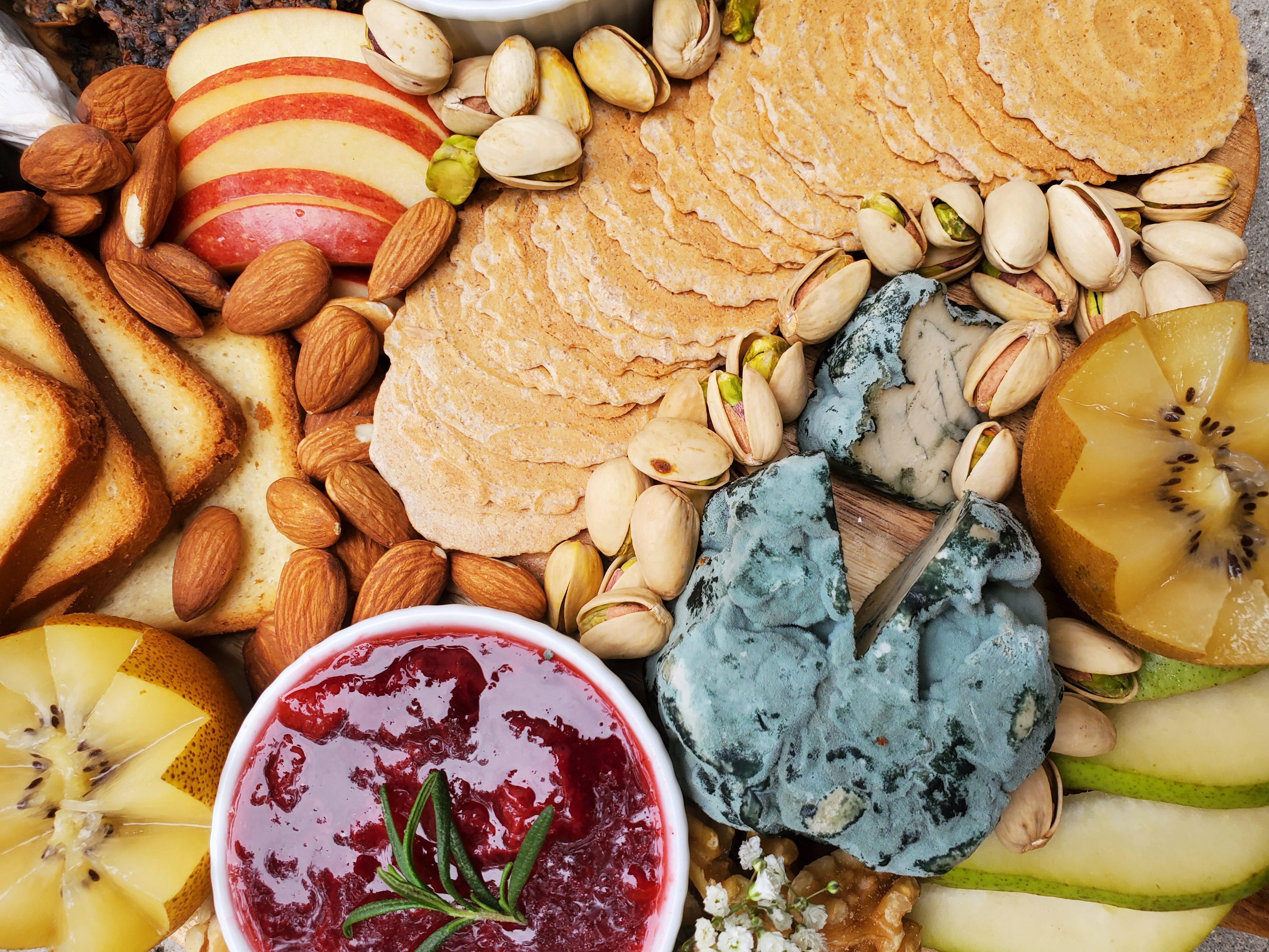 close-up cheeseboard with vegan blue cheese
