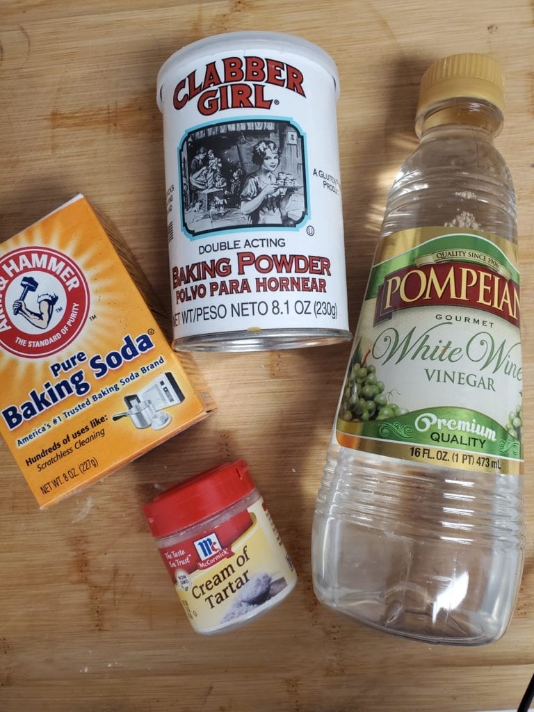 baking soda, baking powder, cream of tartar, and vinegar