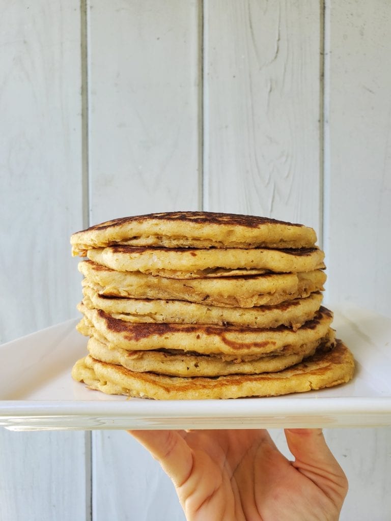 plate full of stacked easy buttermilk pancakes
