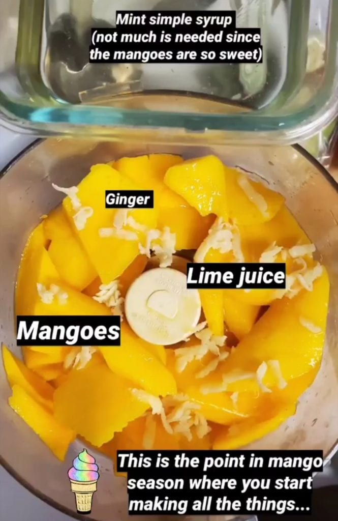 mango cut up in a food processor bowl with lime juice and ginger and simple syrup
