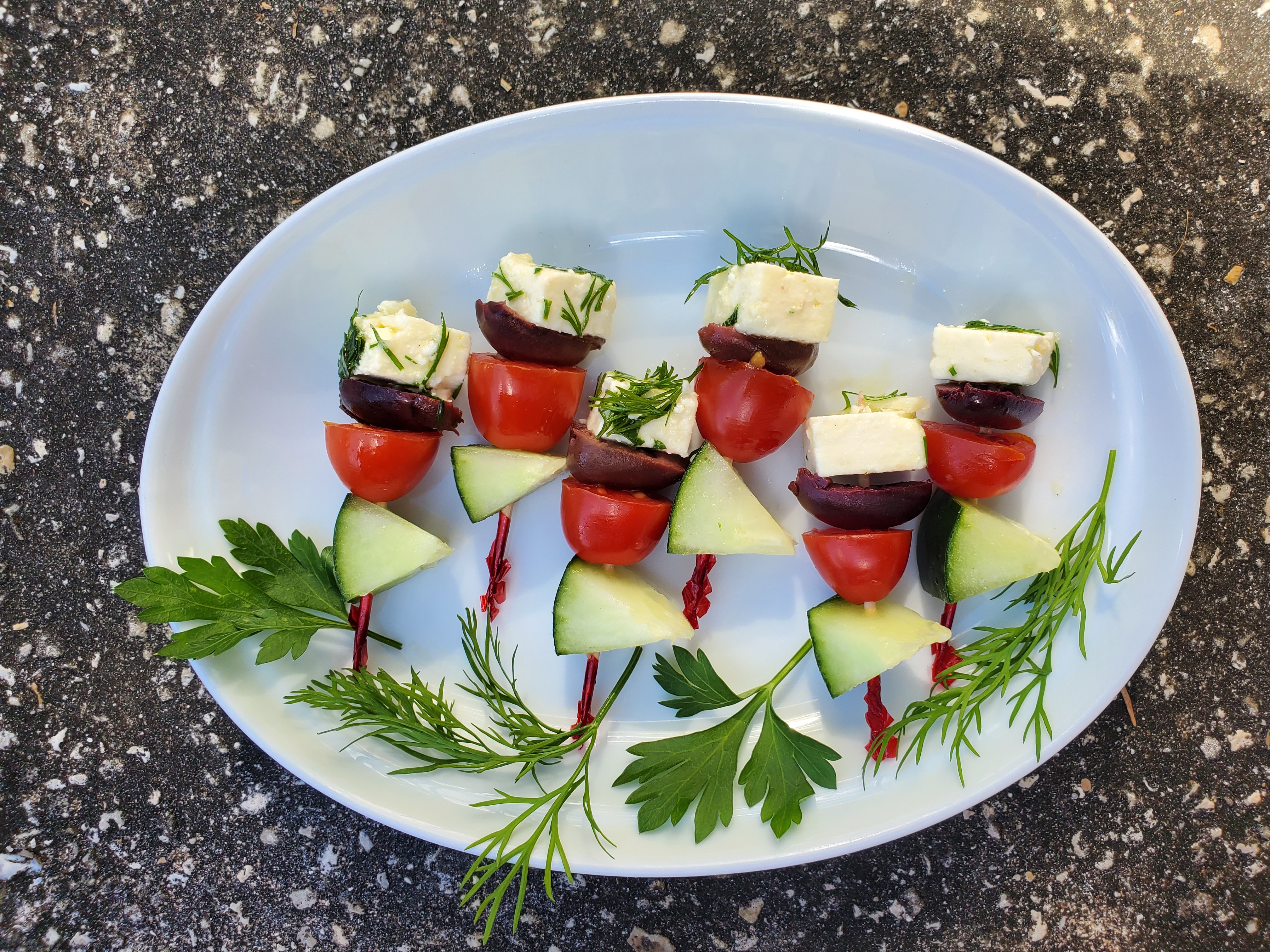 Feta, black olives, tomato, cucumber skewer sticks