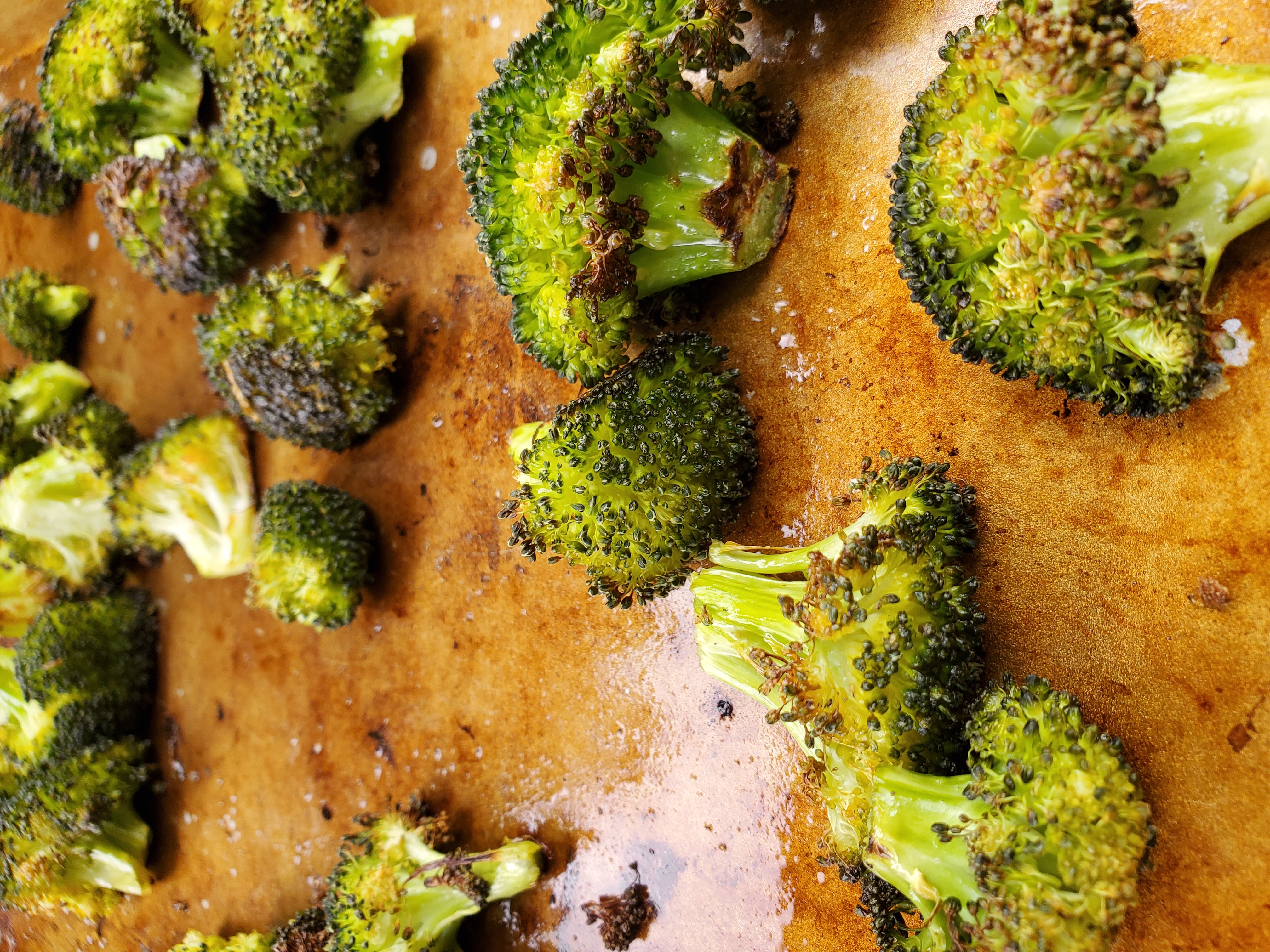 Sheet pan of roasted broccoli