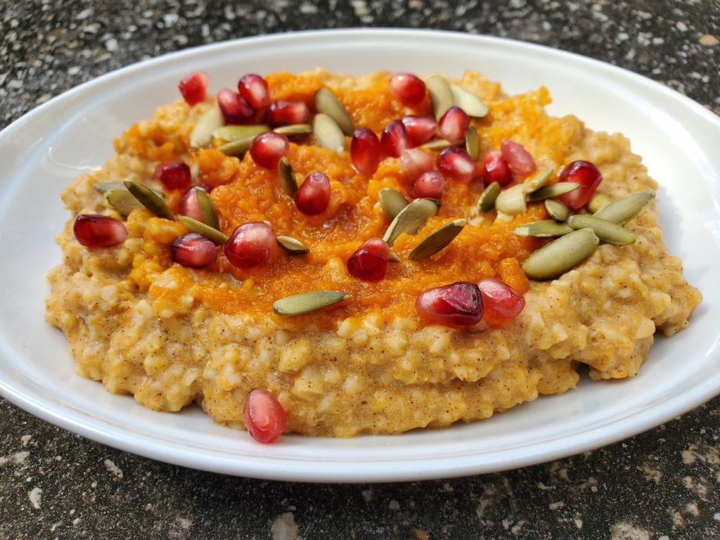 Instant Pot Steel Cut Oats with pumpkin, pomegranate, and pumpkin seeds