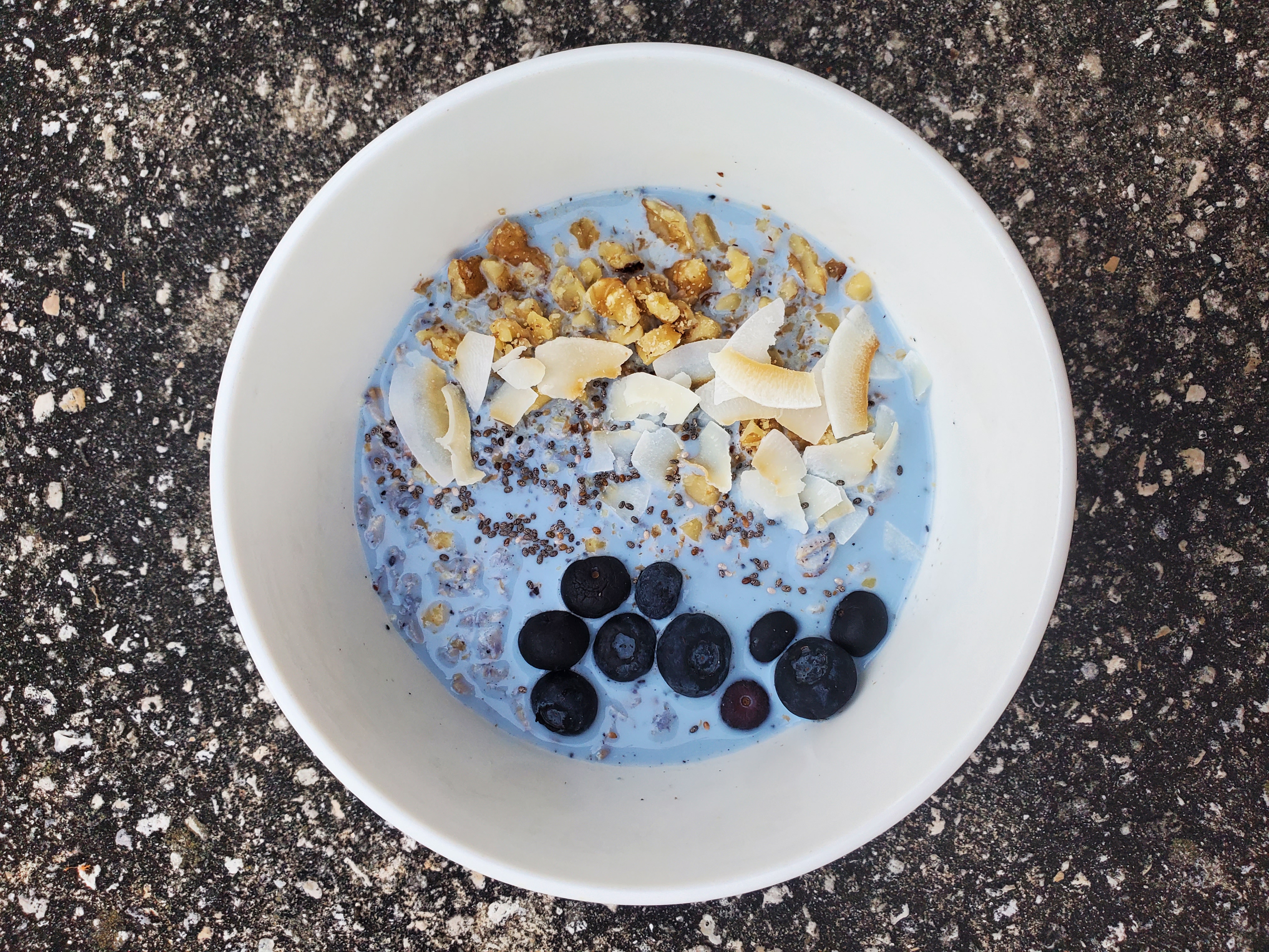 Overnight Oats with blueberry, coconut,  chia seeds, and walnuts