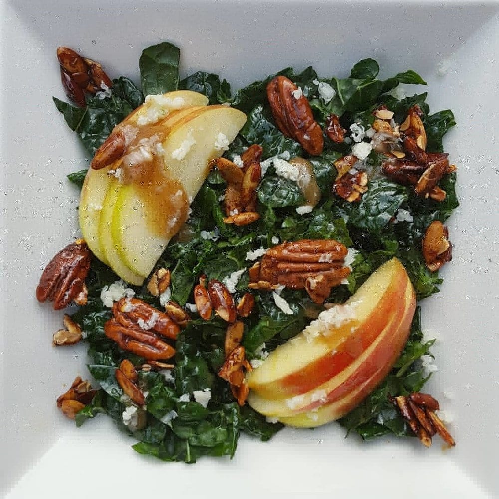 Kale Salad with Maple Glazed Pecans and Sliced Honeycrisp Apples