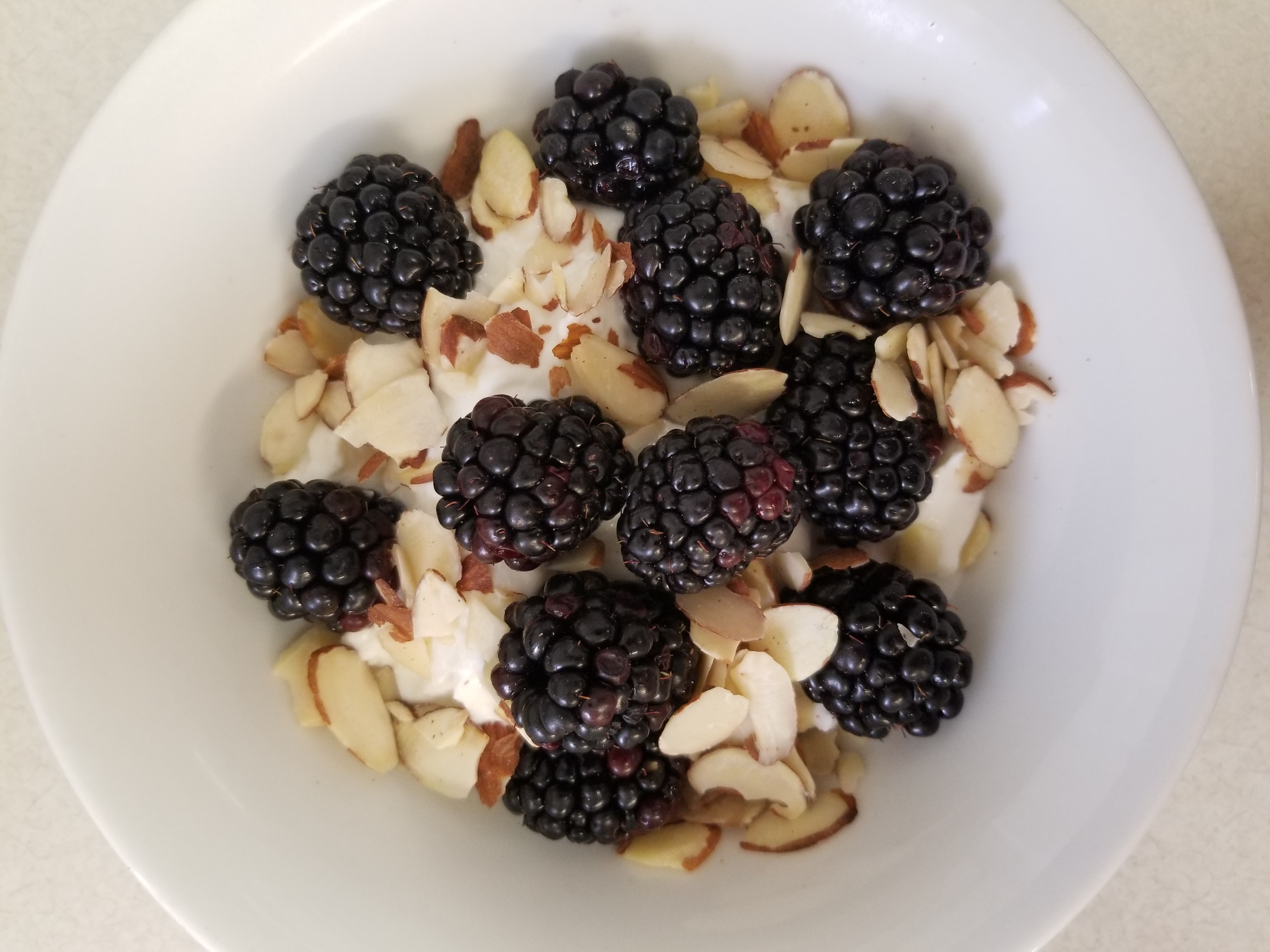 yogurt with sliced almonds and blackberries