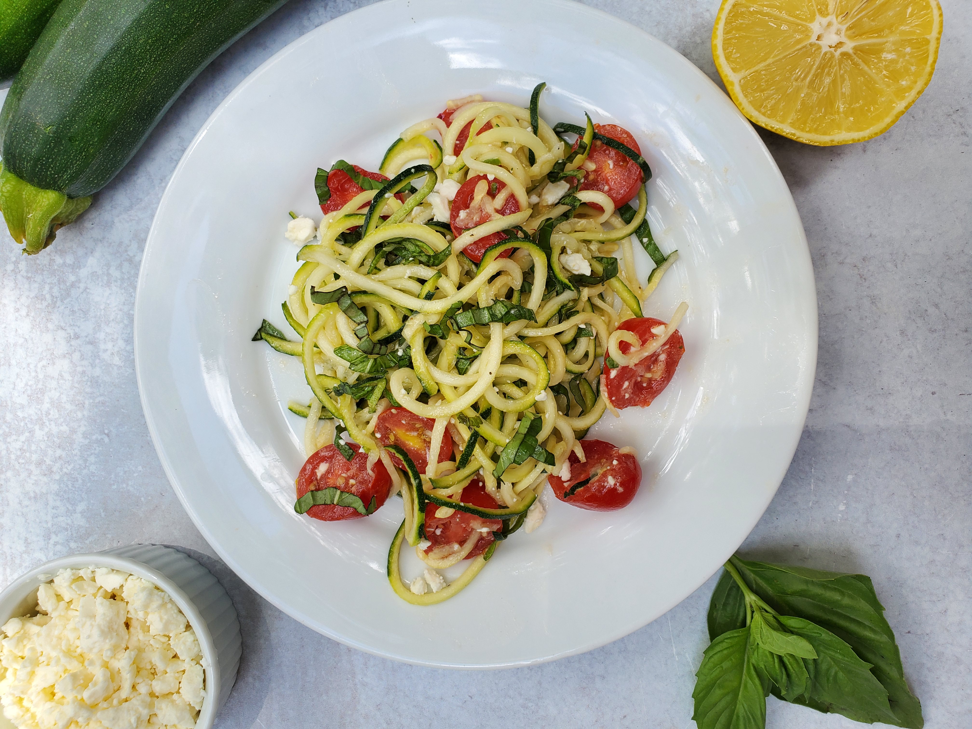 Zoodle Salad with Tomatoes, Feta, Basil, & Lemon Vinaigrette