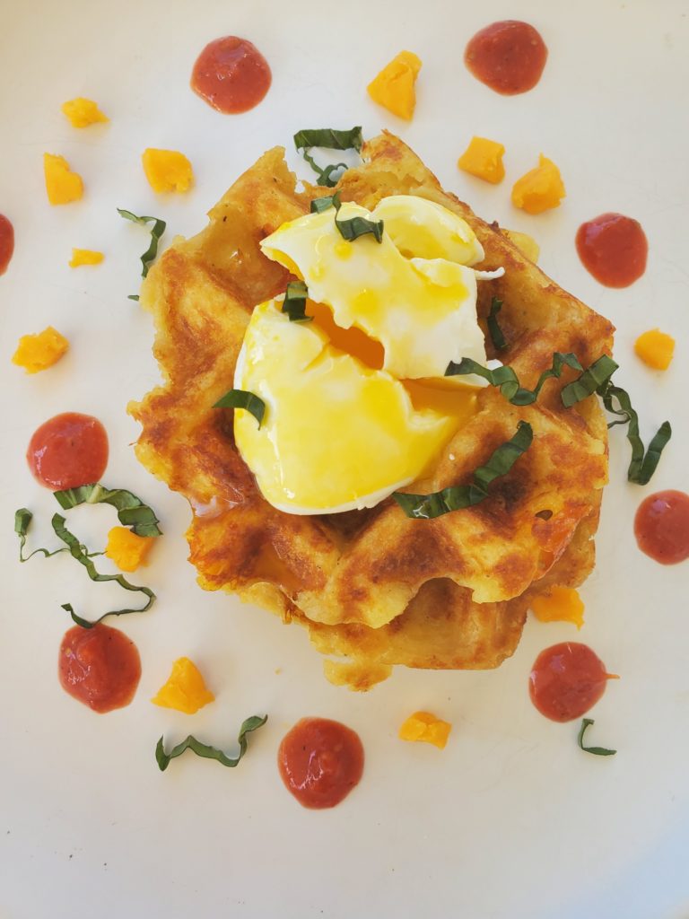 Mashed Potato Waffle, Poached Egg, Tomato Jam