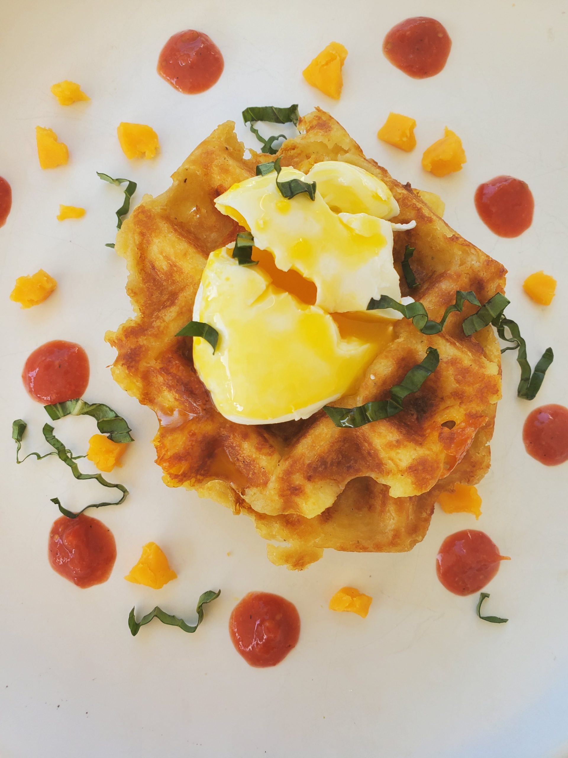 Mashed Potato Waffle, Poached Egg, Tomato Jam