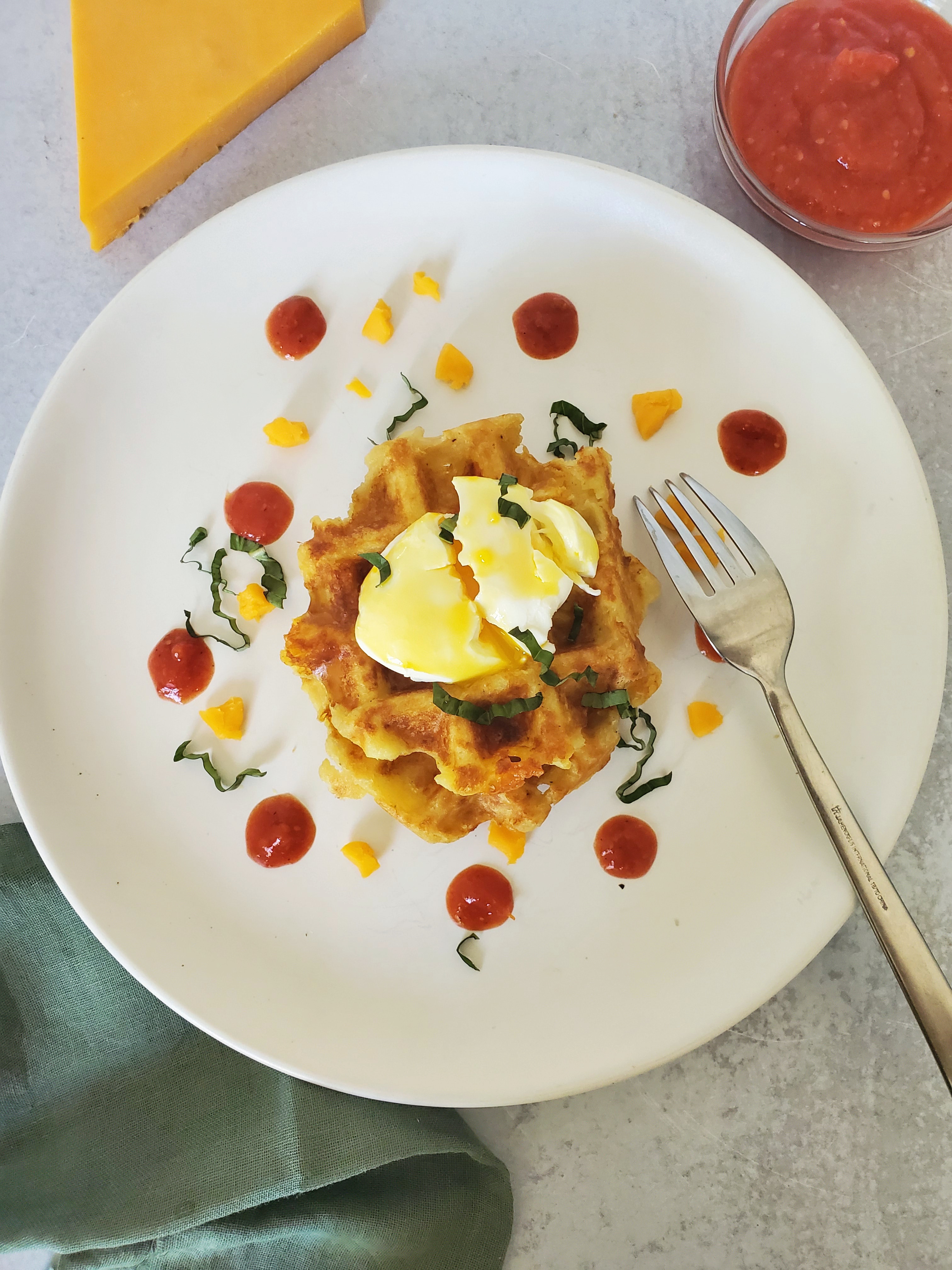 Mashed Potato Waffle with Poached Egg, Tomato Jam