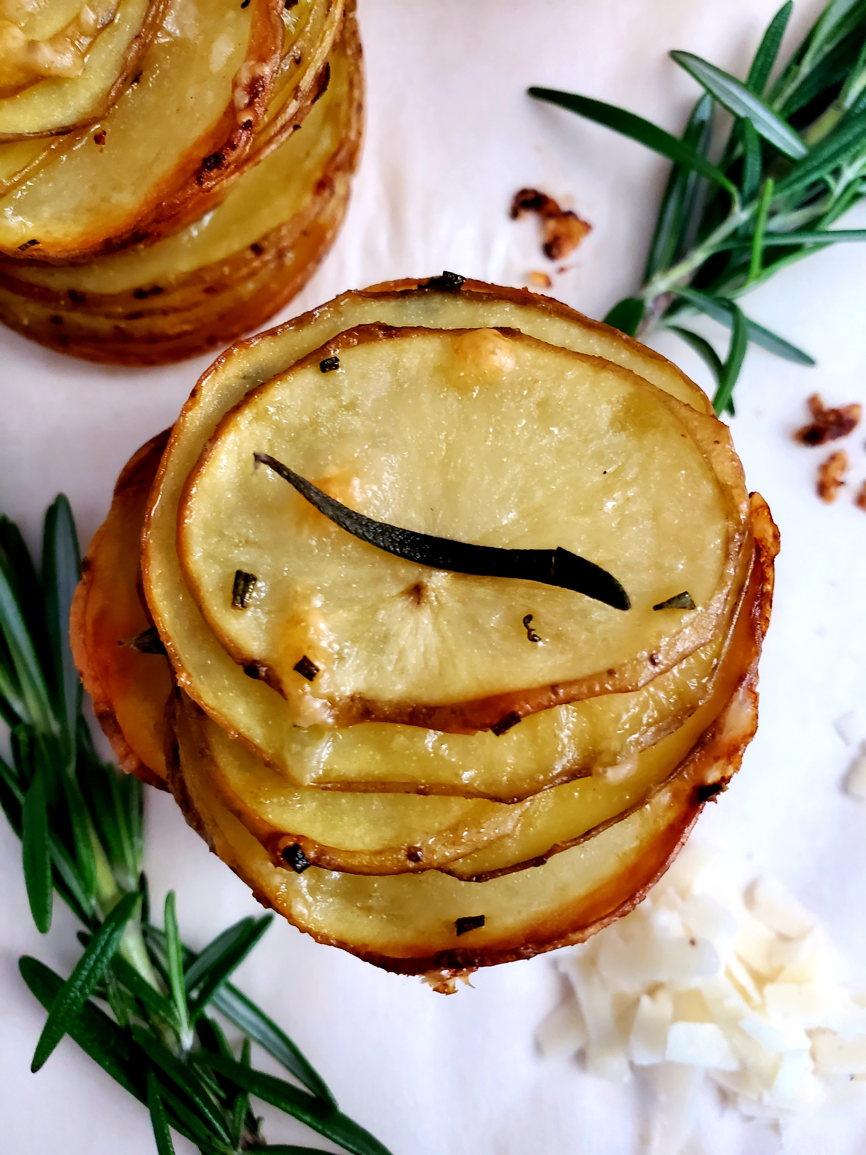 Top Shot of Rosemary Parmesan Potato Stack