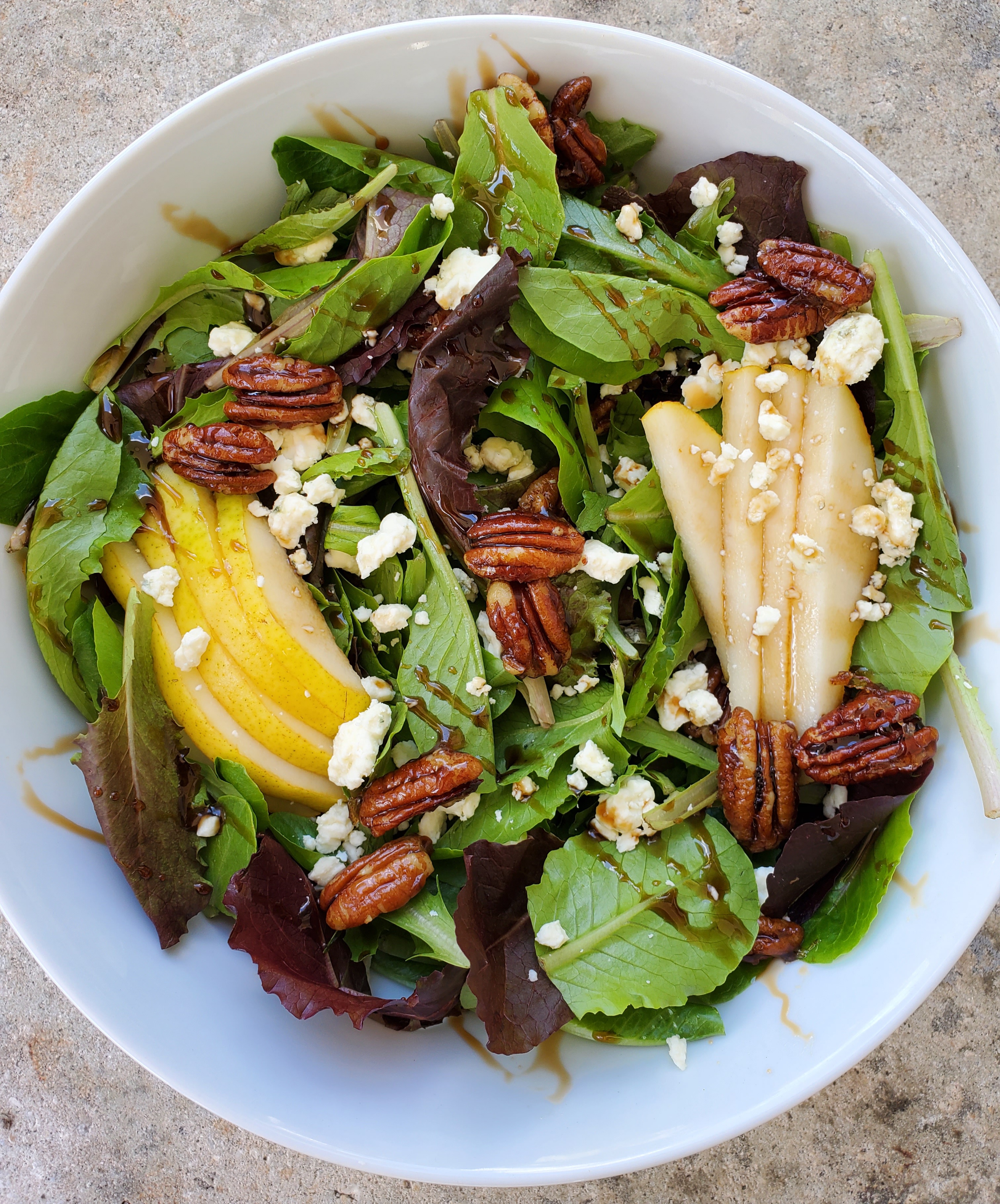 Mixed greens with maple glazed pecans, crumbled blue cheese, and balsamic vinaigrette