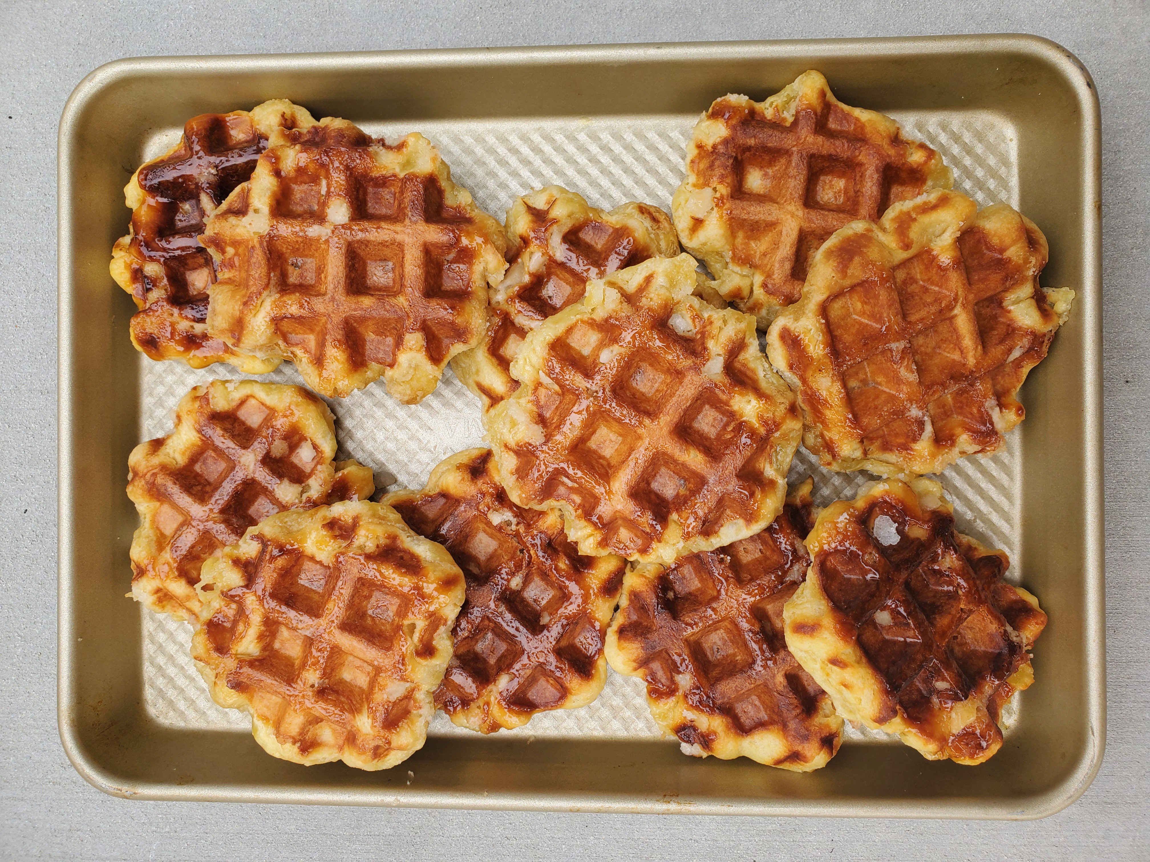 Sheet pan full of Belgian Waffles