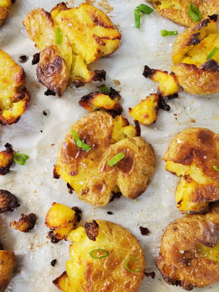 up-close picture of salt 'n' vinegar smashed potatoes