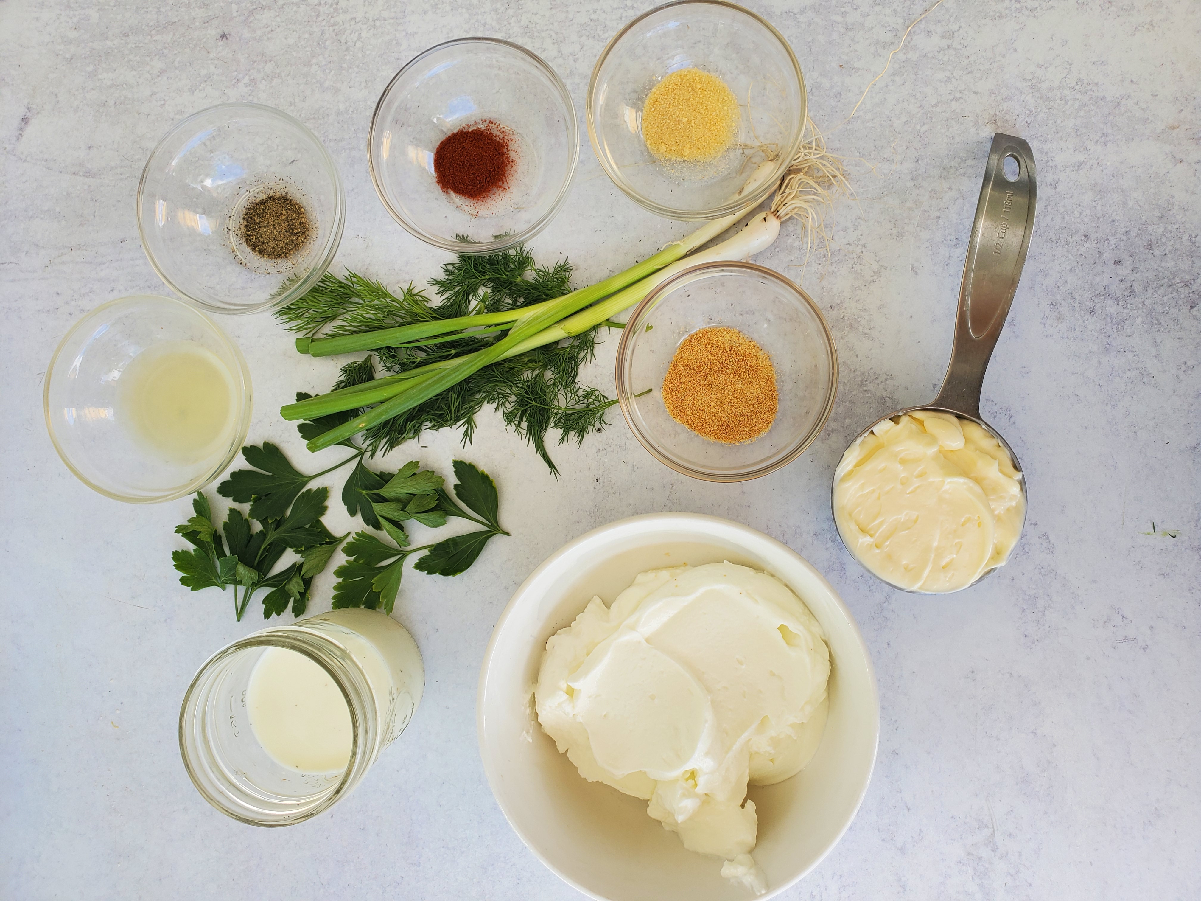 ingredients all laid out for buttermilk ranch dressing