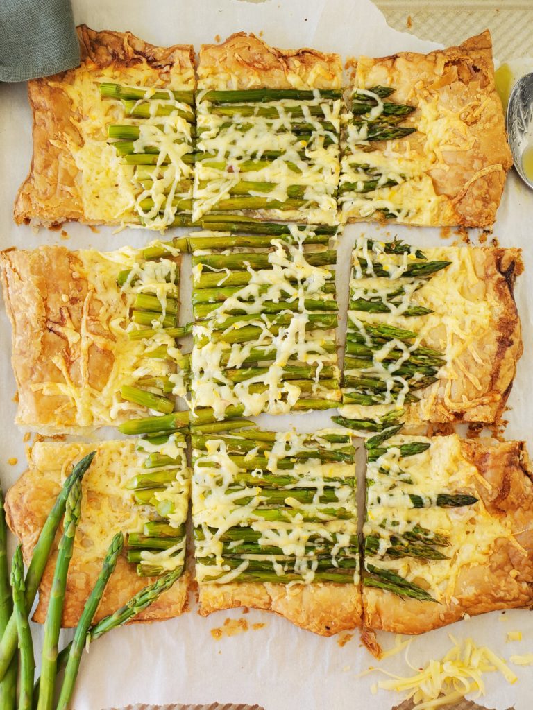 cooked puff pastry with asparagus and cheese