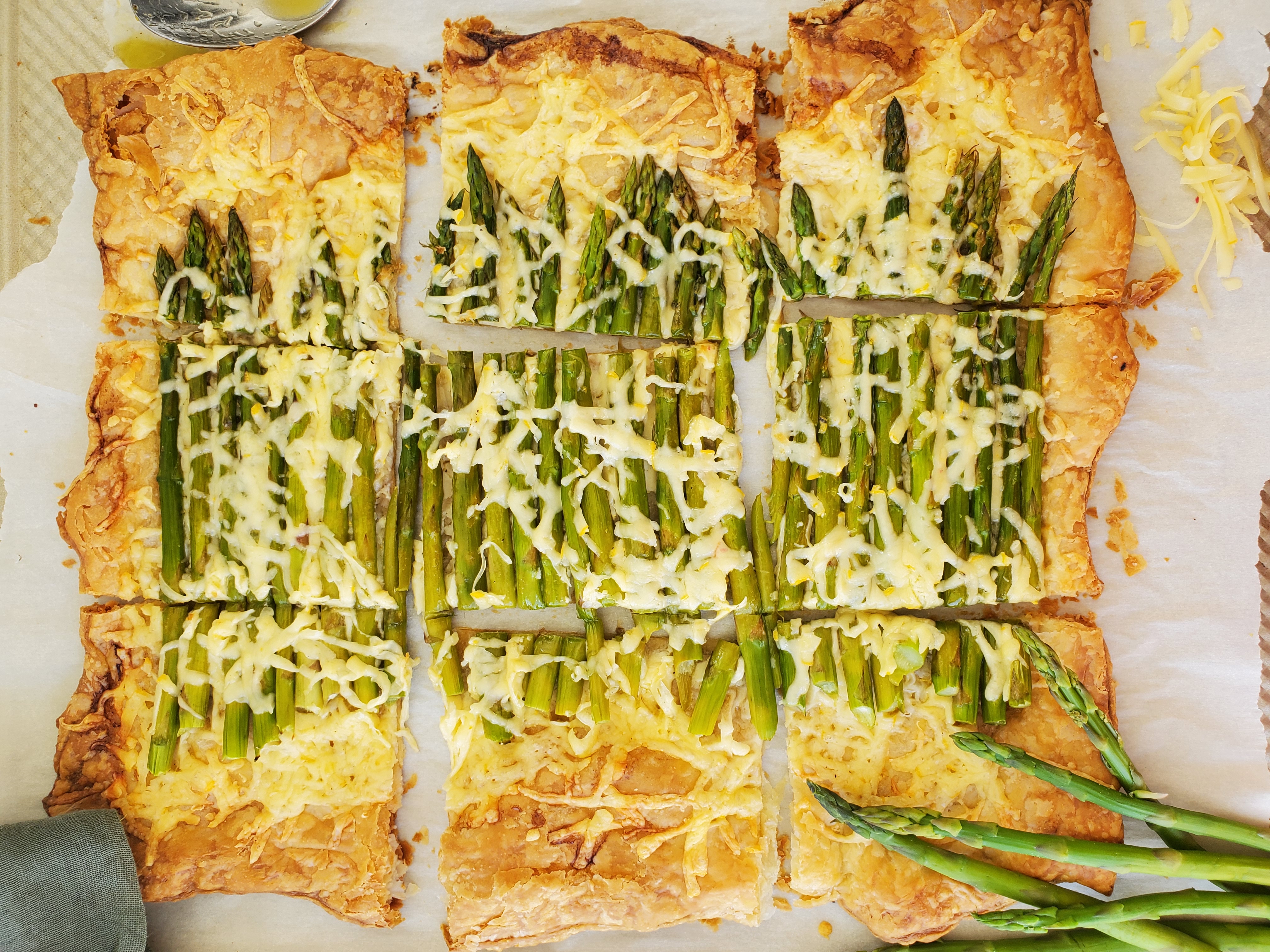 cooked puff pastry with asparagus and cheese