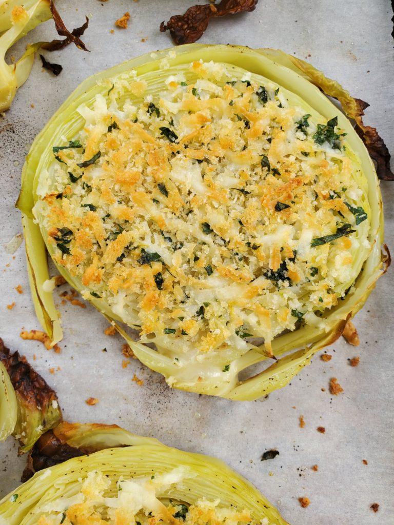 Top shot of a roasted cabbage slice with parmesan and panko