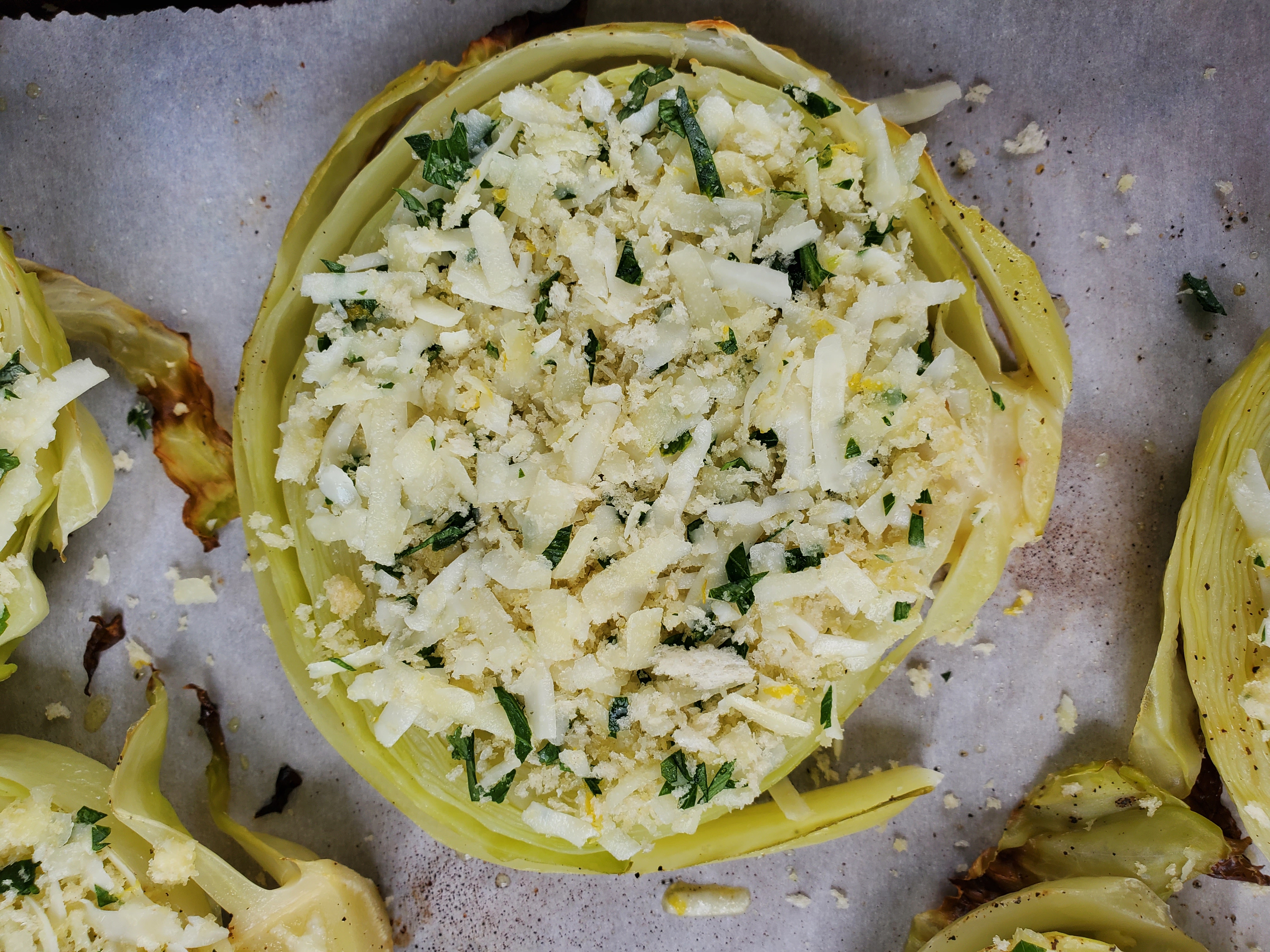 cabbage steak with parmesan and panko cheese pre-roasted