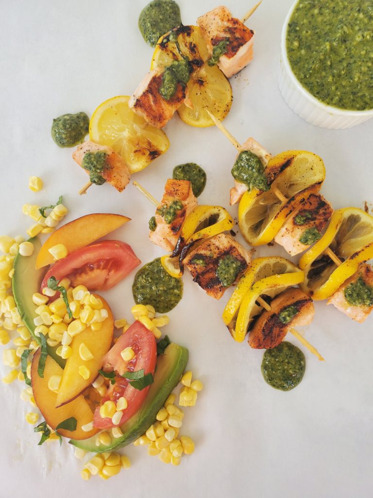 Salmon Pesto Skewers with corn tomato salad