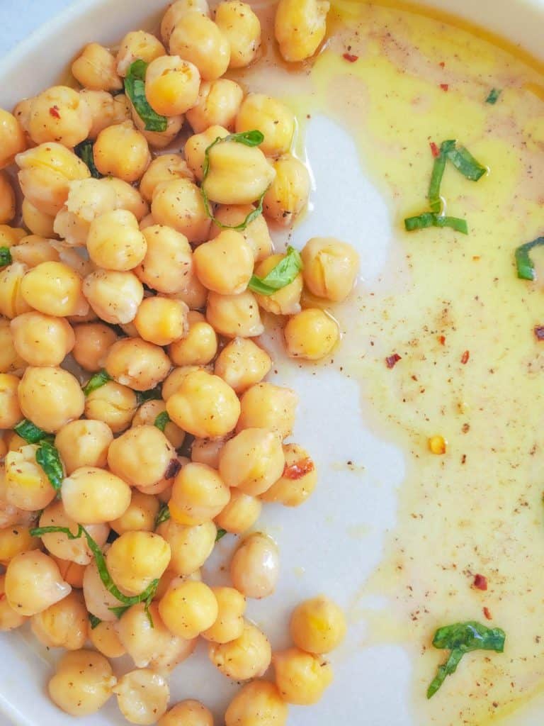 up-close plate of marinated chickpeas