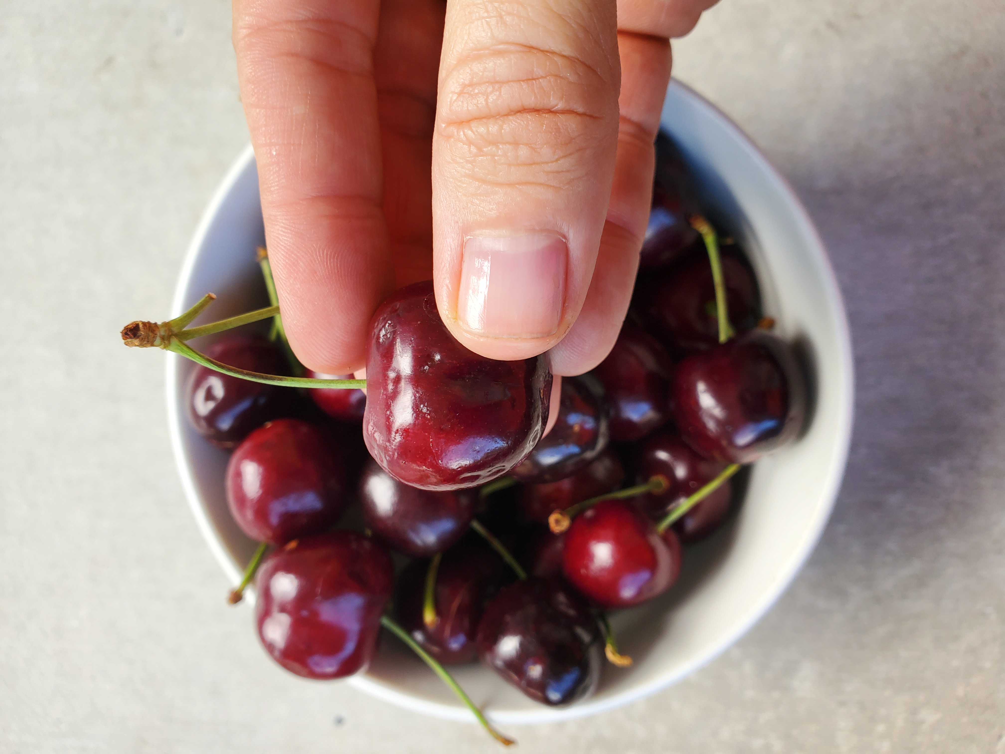 Bowl of cherries, hand holding one cherry up close