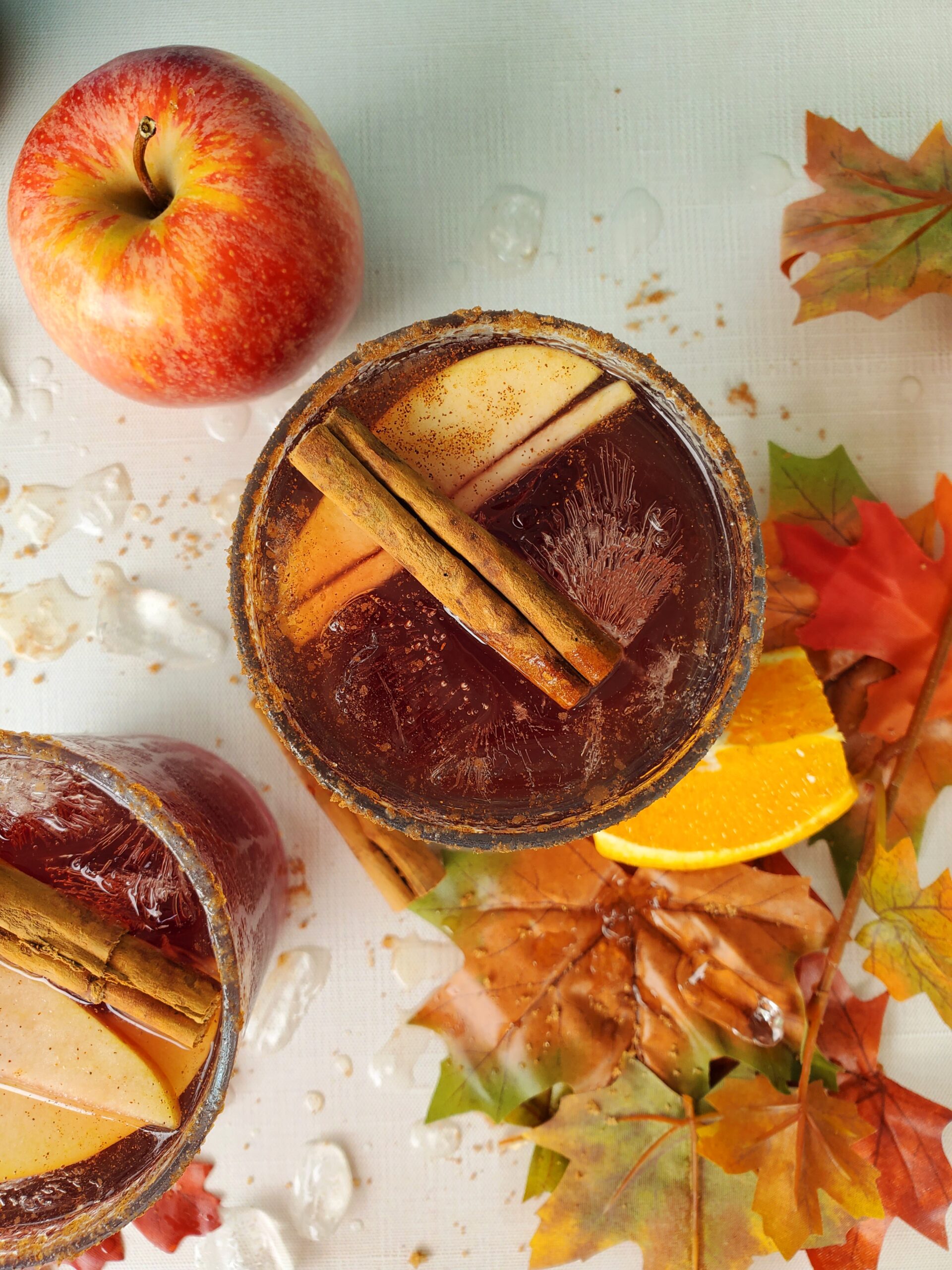 top shot of fall sangria with apples and a cinnamon stick