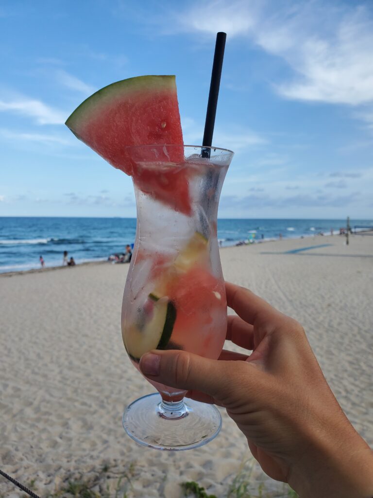 Watermelon drink with the beach background