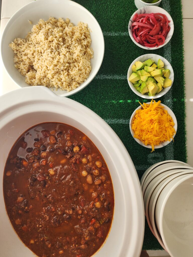 How To Set Up A Chili Bar - Chili, Brown Rice, Cheese, Avocado, Onions
