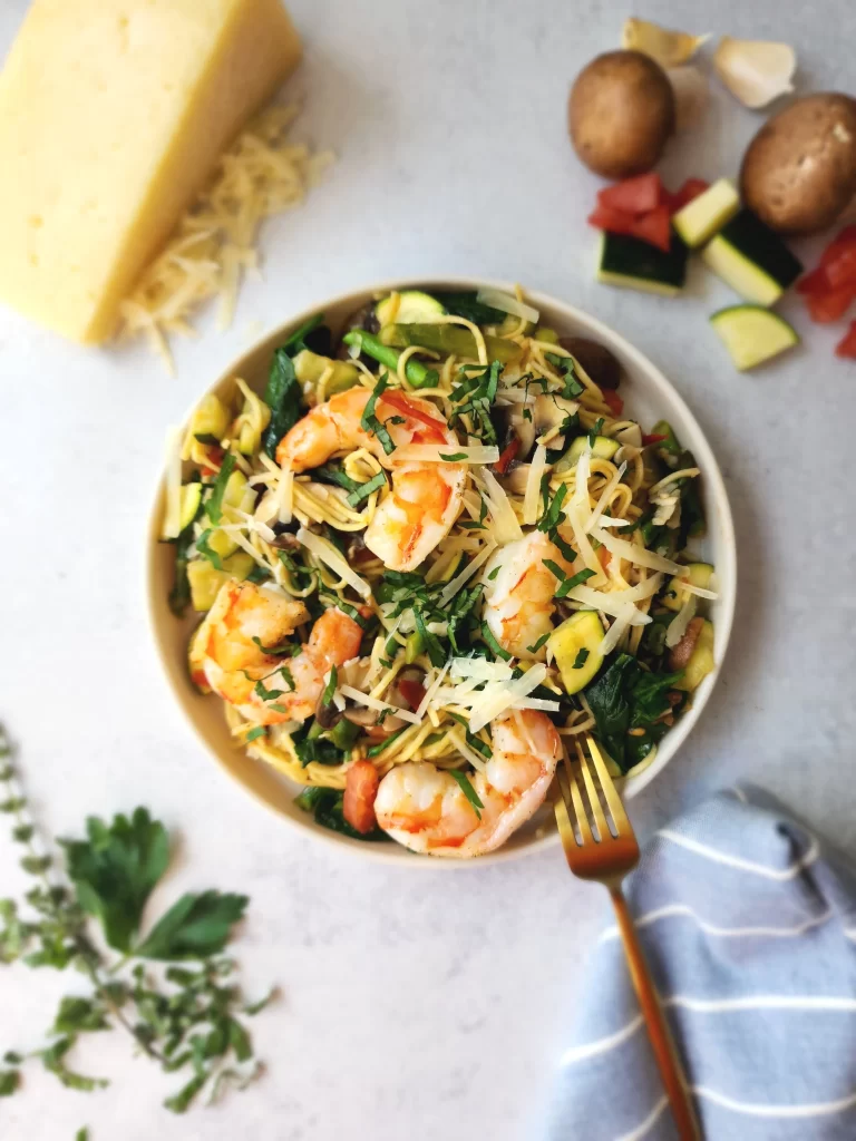 Easy Shrimp and Veggie Pasta on a plate