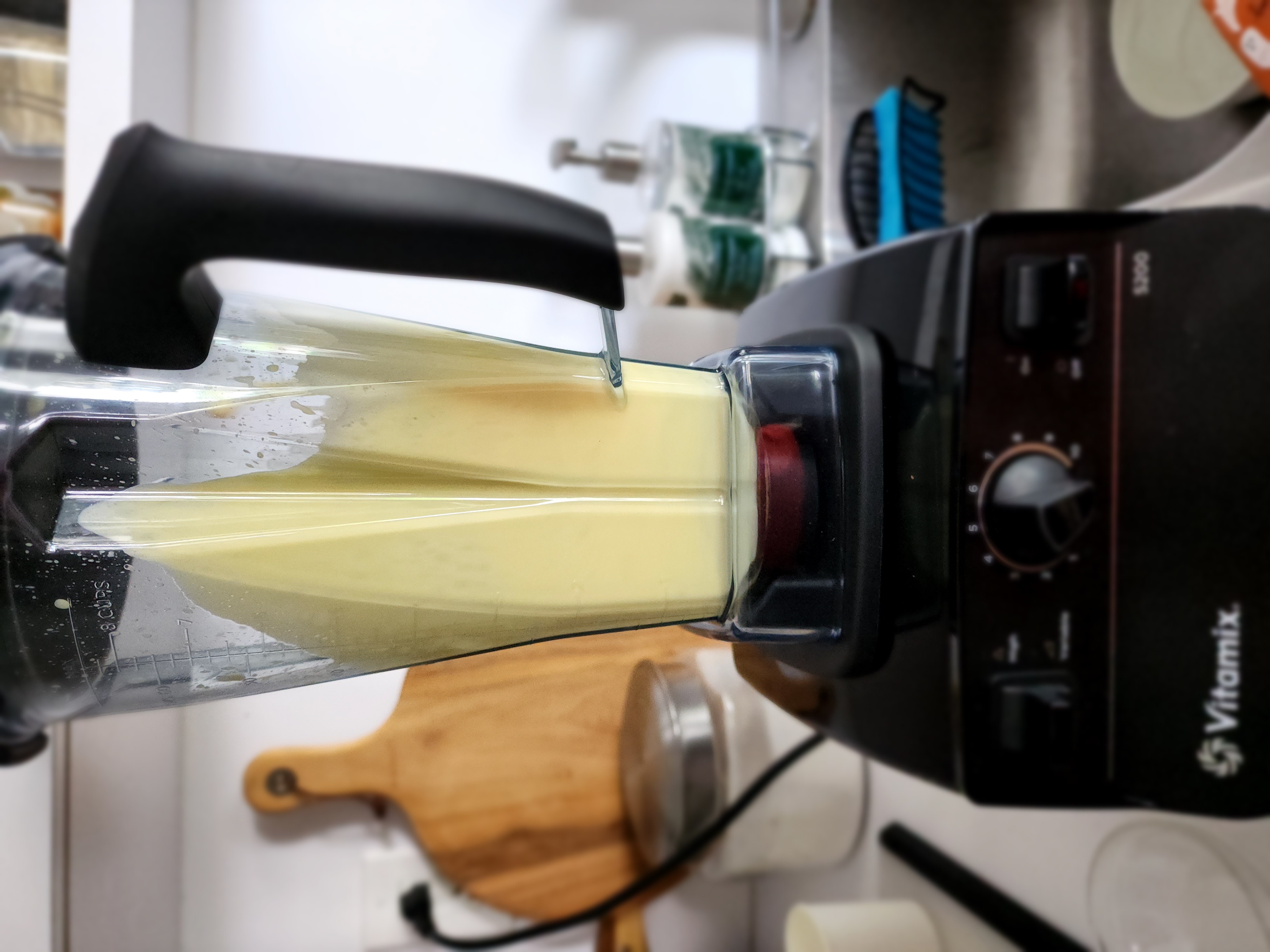 Blender with eggs being whipped for a Blender Dutch Baby