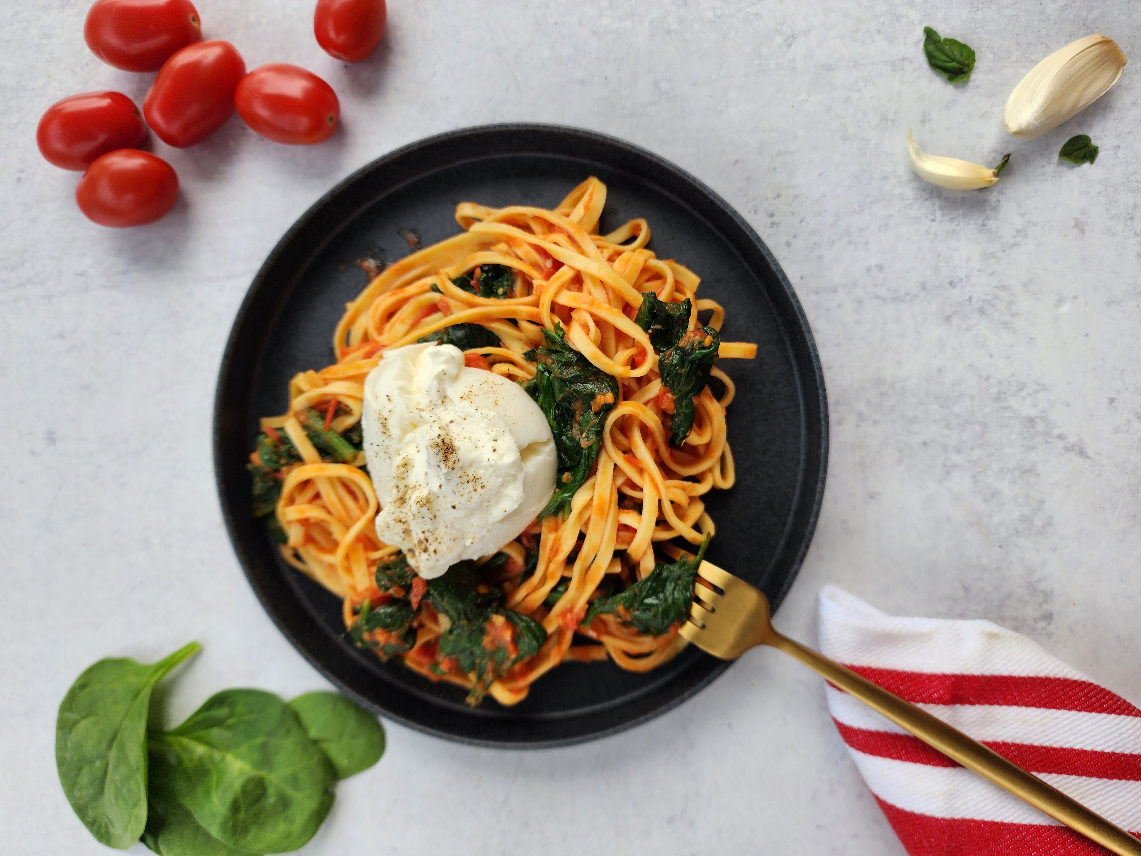 Plate of Burrata Pasta with Spinach