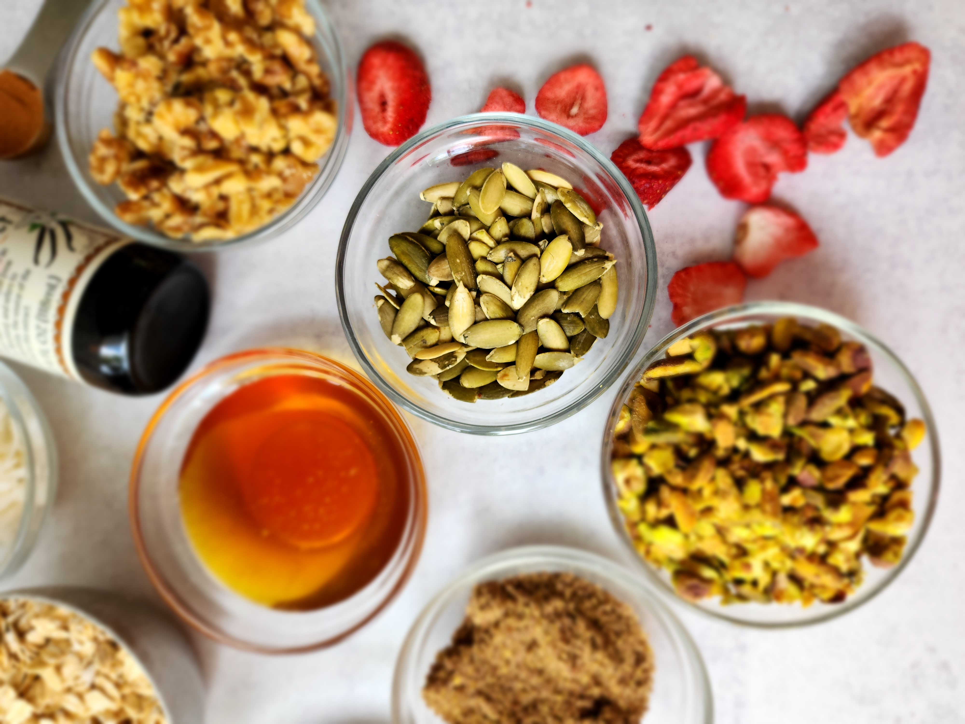 Close up of homemade muesli ingredients