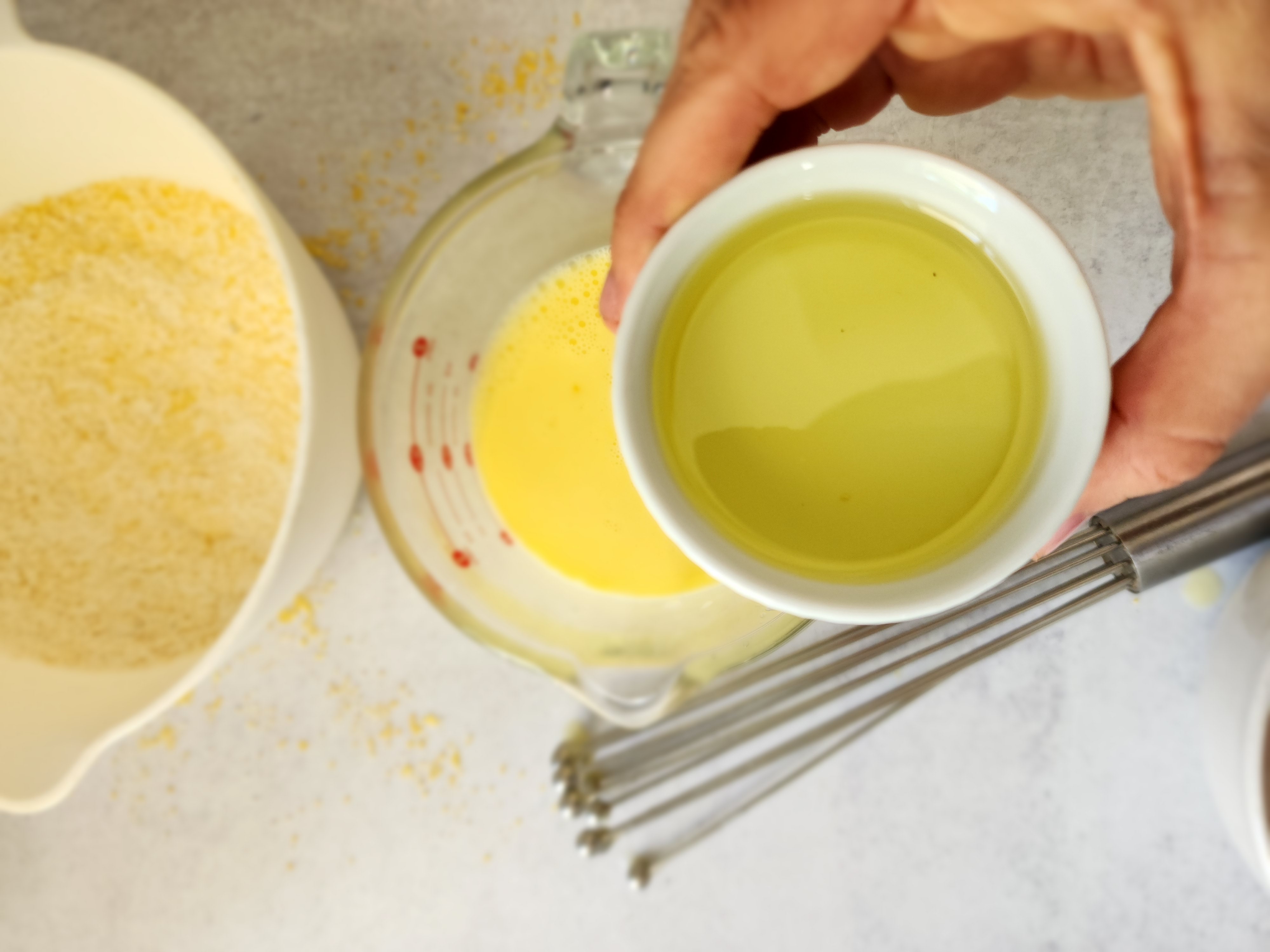 Skillet Cornbread - adding the oil to the milk and eggs