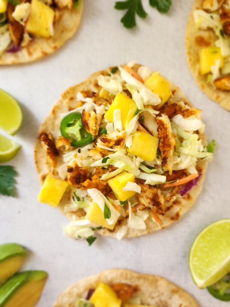 Blackened Fish Tacos with Pineapple Salsa and Slaw