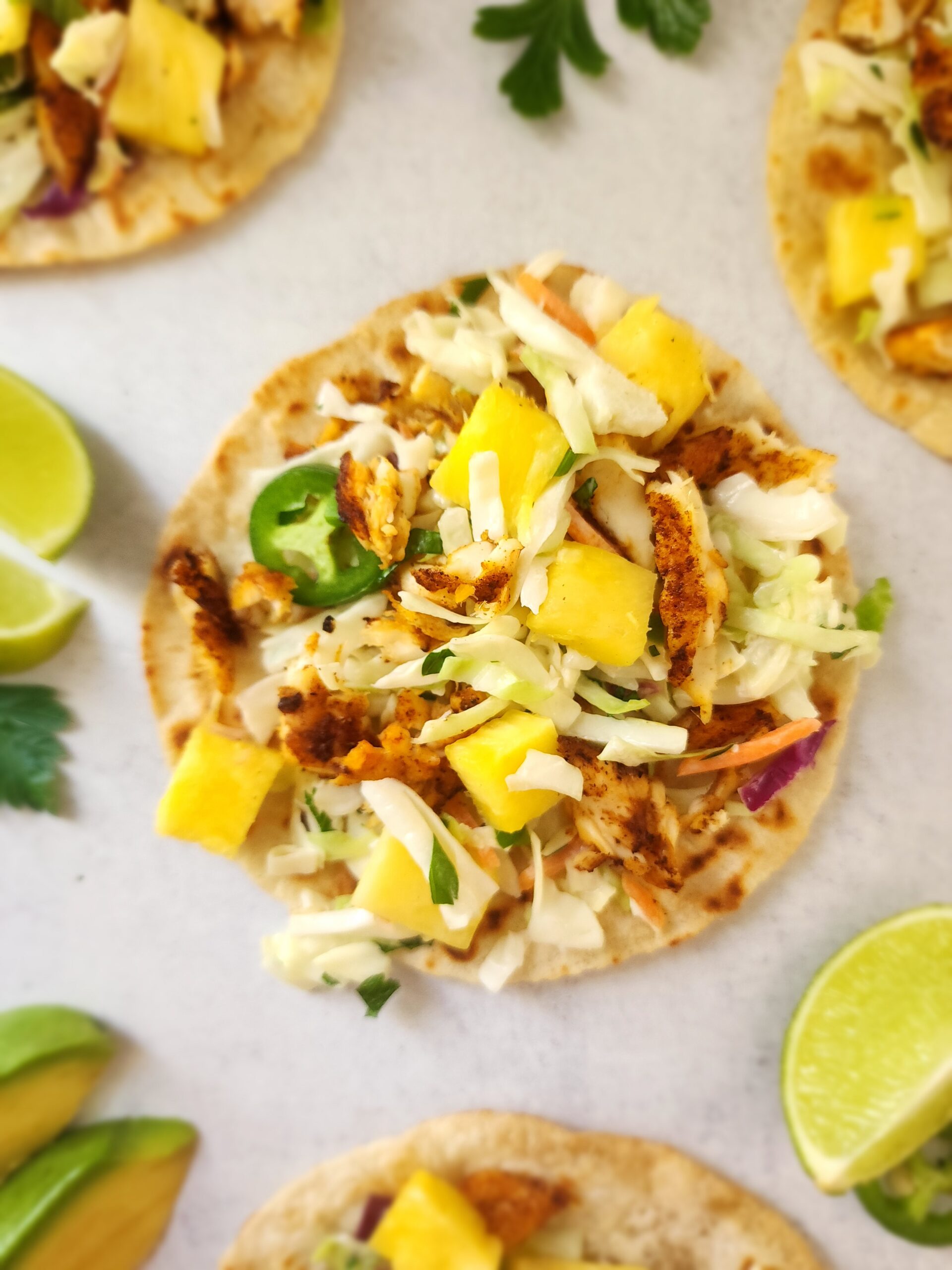 Blackened Fish Tacos with Pineapple Salsa and Slaw
