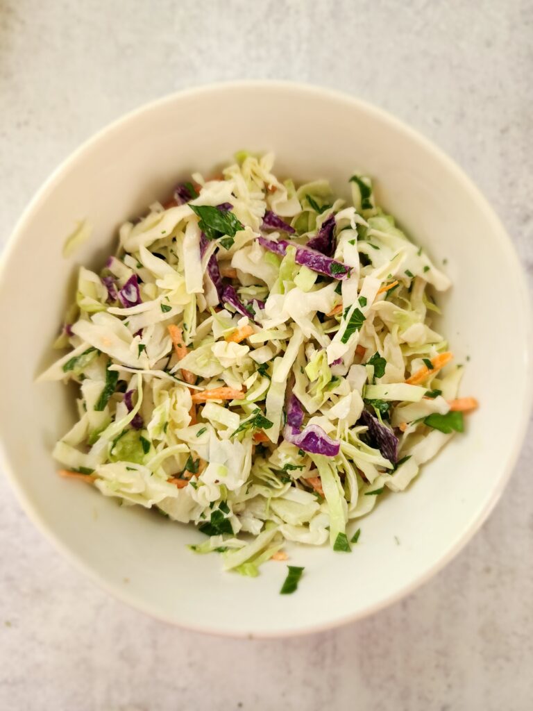 bowl of cabbage slaw for blackened fish tacos