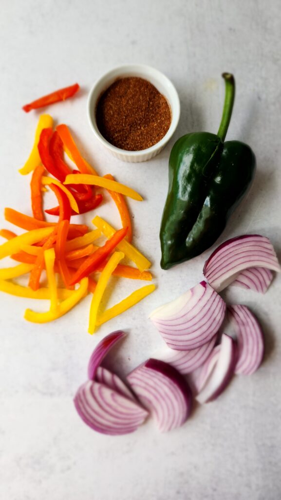 poblano pepper, mixed peppers, red onion, and taco seasoning mix