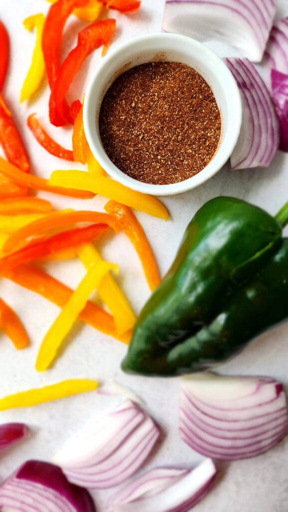 poblano pepper, mixed peppers, red onion, and taco seasoning mix