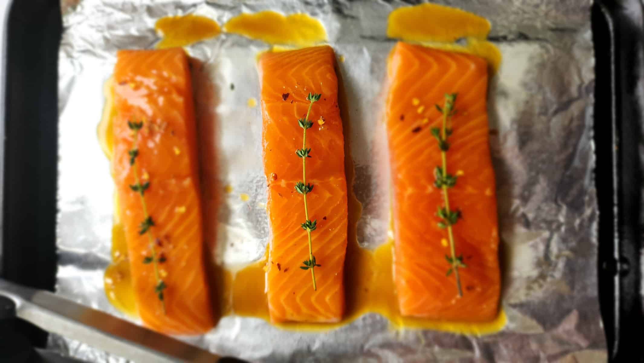 Sheet pan of honey-dijon roasted salmon