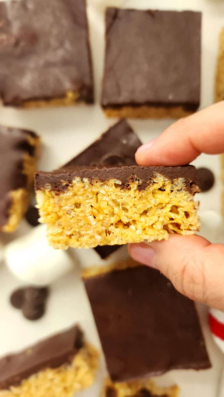 One Peanut Butter Crispy Rice Treat in my hand on display sideways