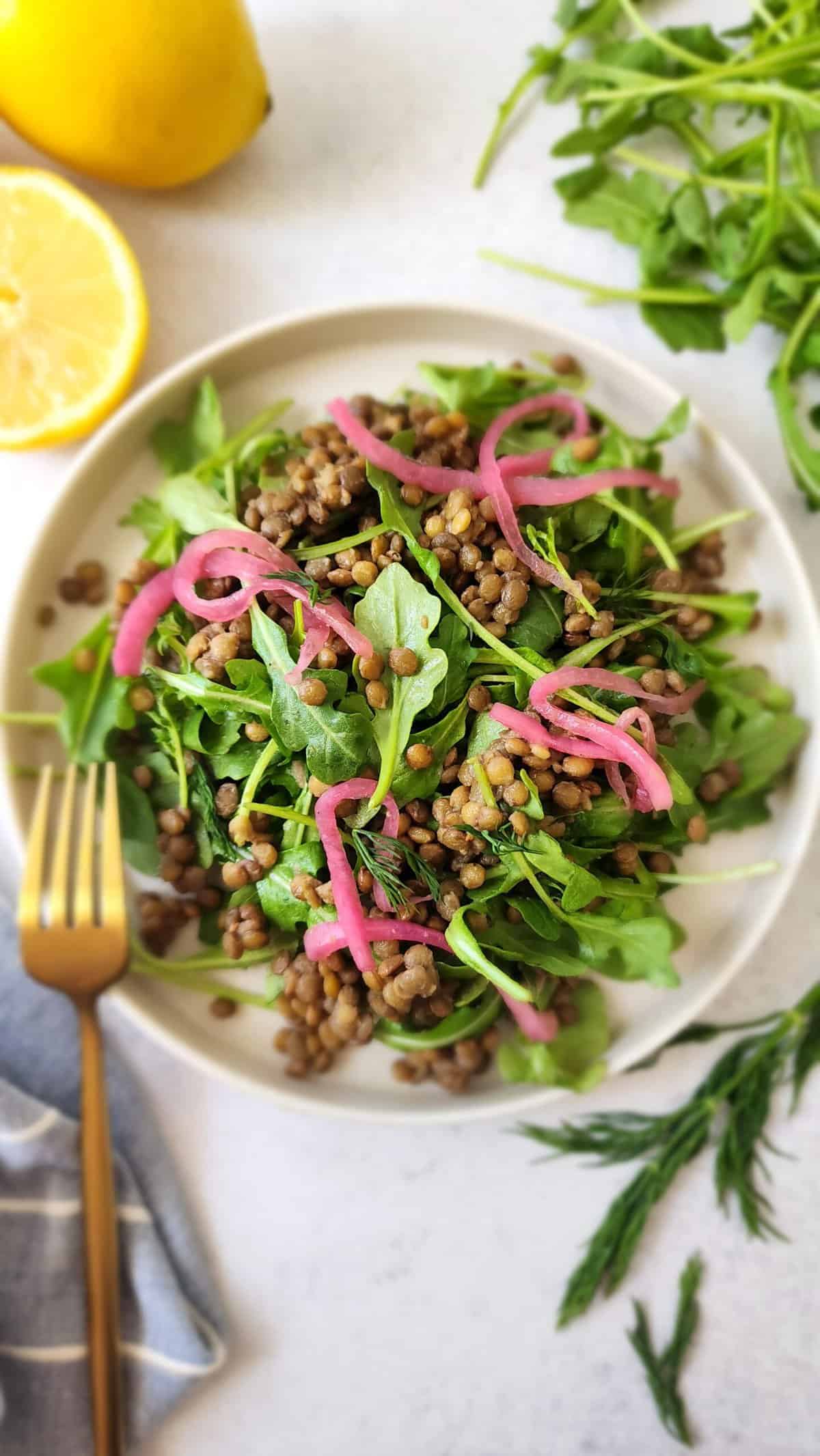 Simple Lentil salad mixed with arugula and pickled red onion on a plate