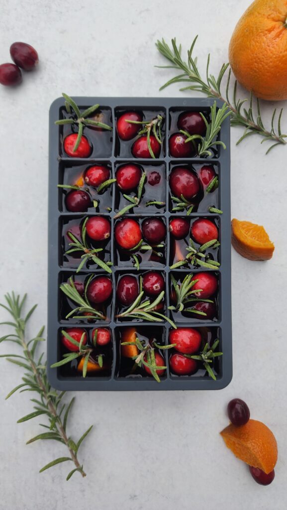 DIY Flavored Ice Cubes - Ice cube tray filled with cranberries, oranges, rosemary, and pomegranate juice