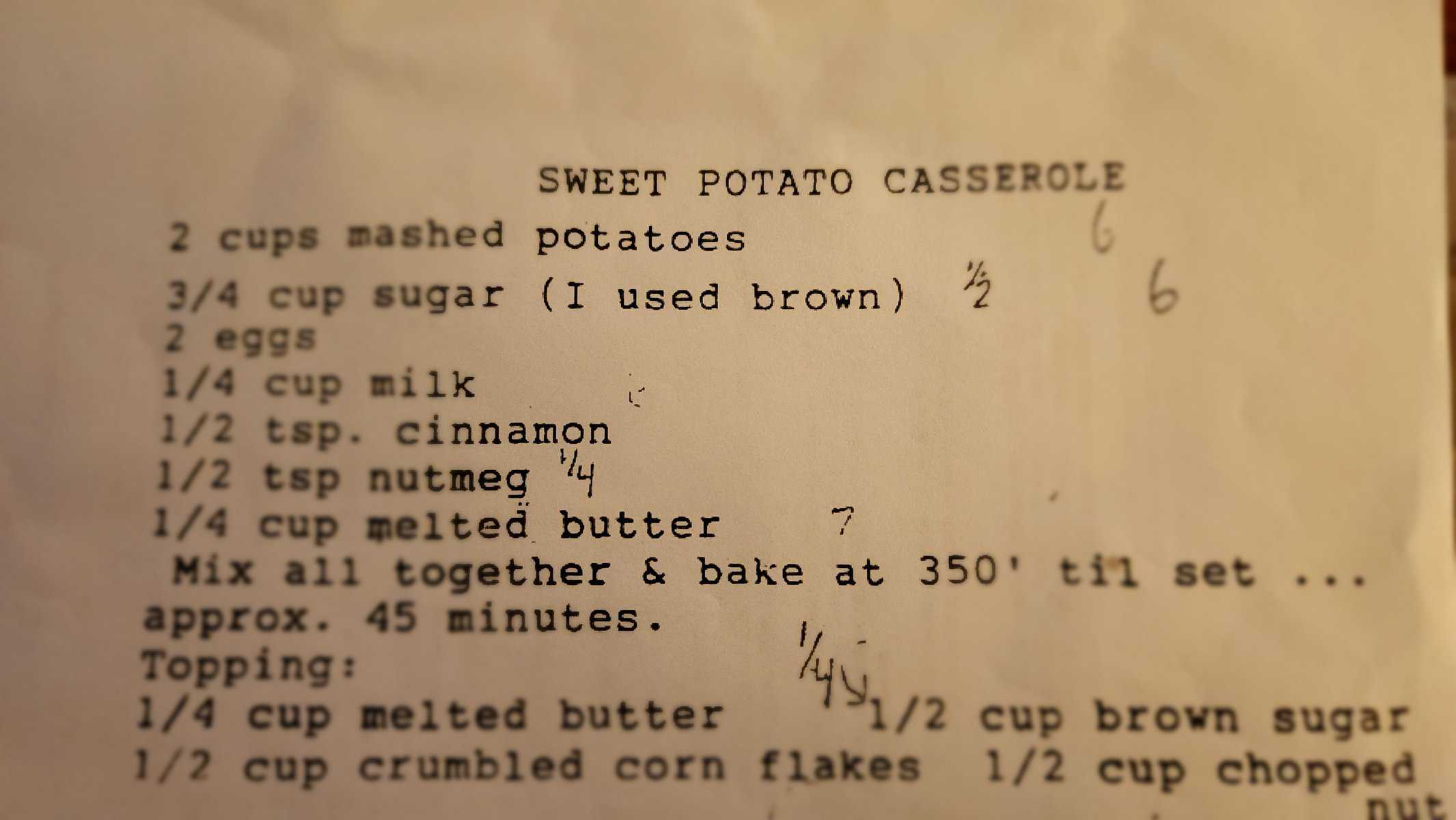 written recipe for sweet potato casserole recipe